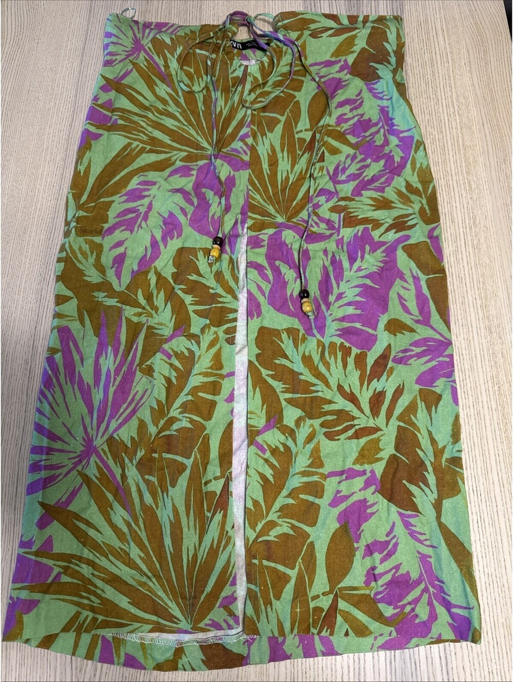 ZARA Tropical Print Linen Blend Maxi Skirt Waist Cut Out Drawstring Size L